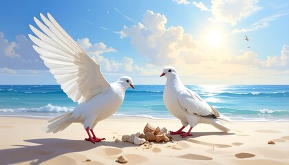 Two white birds stand on a sandy beach, one with wings spread, under a bright sun and blue sky. Seagulls fly