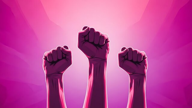 Three fists raised in solidarity with a vibrant pink background
