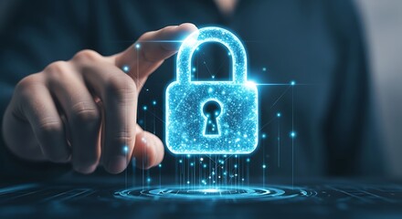 A person interacts with a digital lock icon representing cybersecurity and data protection in a futuristic environment