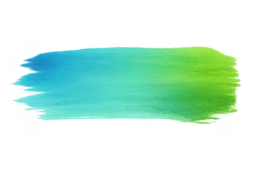Watercolor brush stroke creating an artistic gradient banner with blue green paint texture on a transparent backdrop