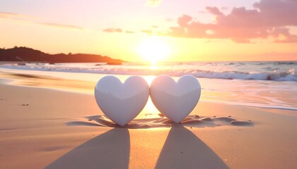 Two white heart-shaped objects rest on a sandy beach. A warm sunset bathes the scene, with waves gently lapping at the shore