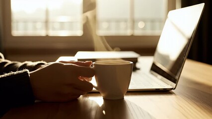 Cozy morning workspace with a warm cup of coffee and laptop on a wooden desk bathed in soft sunlight - perfect for remote work and relaxation