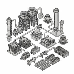 Isometric industrial plant layout with various machinery and interconnected pipes. © JOKO