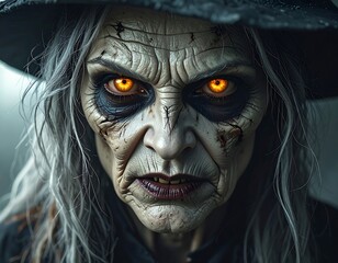Close-up of a fearsome witch with glowing orange eyes and a menacing glare