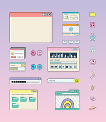 Vaporwave desktop. Large set of retro browser and dialog window templates. 80s and 90s computer user interface. Old retro PC in Y2K style. Nostalgic retro operating system. Vector illustration.