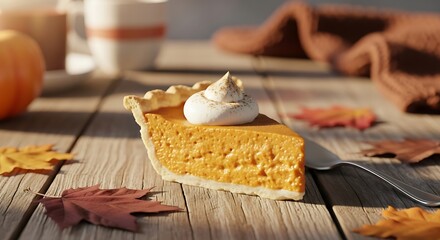 Slice of pumpkin pie with whipped cream on rustic wooden table