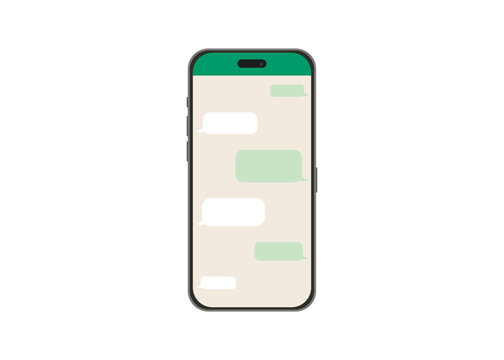 Chatting on a smartphone. Send or receive SMS using a mobile app. Speech bubble message displayed on a phone screen.