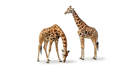 Fototapeta premium Jirafa con cabeza larga mira al revés sobre blanco