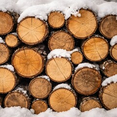 Pile of wooden logs covered in snow, showcasing a winter scene from a top-down viewpoint
