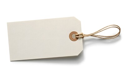Blank white cardboard gift tag with brown string on white background isolated label for price name or message branding mockup with clipping path top