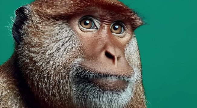 Close-up portrait of a curious monkey looking slightly to the side against a green background
