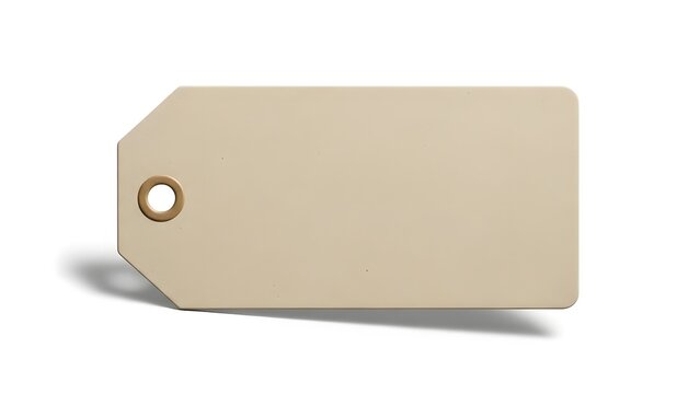 Single blank beige metal tag with golden eyelet on white background isolated industrial label for identification serial number or product branding