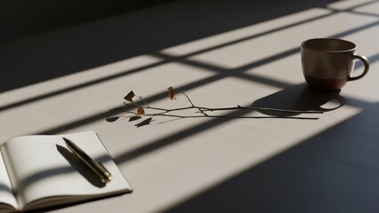 Morning sunlight shadows on white desk with brown coffee mug open notebook pen and dried branch minimalist workspace scene