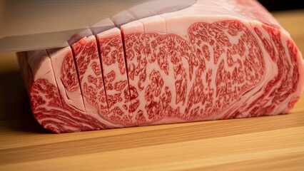Premium wagyu beef ribeye steak being sliced with sharp knife showing marbled texture on wooden cutting board