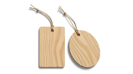 Two blank wooden tags with twine string attached resting on white background ready for branding or price marking mockup