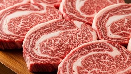 Premium wagyu beef ribeye steaks raw marbled meat cuts on wooden cutting board butcher shop quality