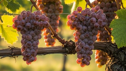 Purple wine grapes hanging on wooden vine trellis in golden sunset light at organic vineyard during harvest season