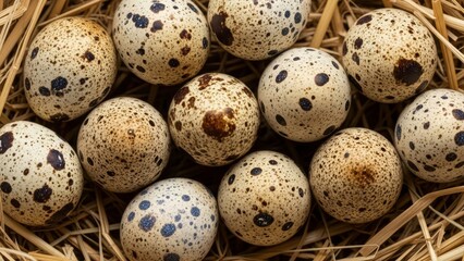 Quail eggs collection with brown black speckled patterns arranged in wicker basket nest on natural straw background