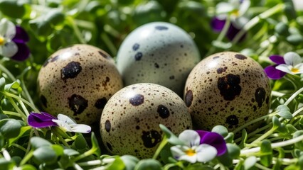 Quail eggs nestled in green grass with purple and white pansy flowers spring easter composition
