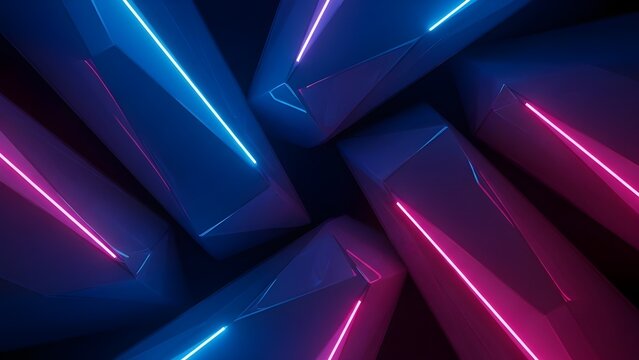 Representaci&oacute;n 3D de fondo geom&eacute;trico abstracto morado y azul.
 Concepto ciberpunk.
 Escena para publicidad, tecnolog&iacute;a, alta tecnolog&iacute;a, sala de exposiciones, pancartas, juegos, deportes electr&oacute;nicos