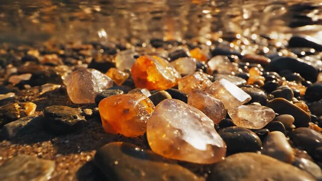 Sunstone Fragments Glittering on a Sandy Riverbed, Captured by Camera Gent