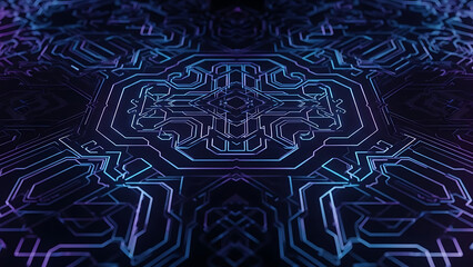 Complex circuit board design with neon blue lines