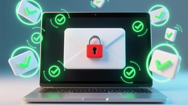 Secure email envelope with lock on laptop screen conveying zero trust cybersecurity cloud data protection network vpn connection technology smart business ai protecting messages confidence