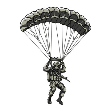 A sketch of a paratrooper descending with a deployed parachute overhead