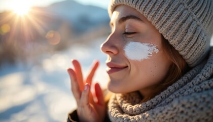 Woman applies white sunscreen cream on face during sunny winter mountain hike. Protects skin from UV rays, enjoys cold weather outdoor adventure. Winter skincare routine for healthy glow.