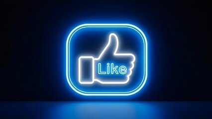 Vibrant blue neon 'Like' button icon glowing brightly, symbolizing positive feedback, social media engagement, and approval in a modern digital context
