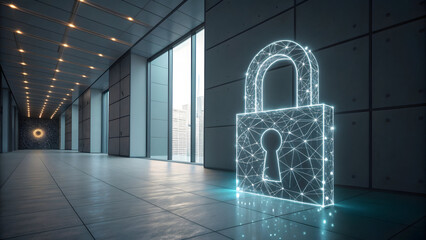 Glowing digital padlock in modern office corridor with futuristic ambiance