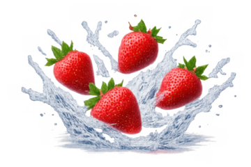 Fresh strawberries falling into clean splashing water, creating dynamic motion and a refreshing healthy fruit concept on transparent background