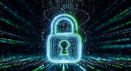 Digital lock icon glowing with blue light in a dark cyber environment