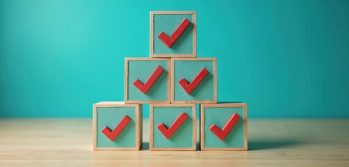 Stack of wooden cubes with red checkmarks represents successful task completion, goal achievement. Progress, positive results are confirmed. Blocks signify task validation, accomplishment in business.