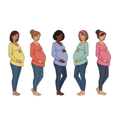 Obraz premium Diverse group of pregnant women standing in a row showcasing inclusivity