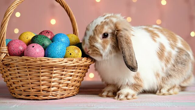 A charming, fluffy domestic rabbit with soft brown and white fur attentively interacts with a rustic wicker basket overflowing with vibrant, speckled eggs. The adorable creature, with its endearing fl