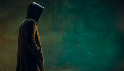 Moody Hooded Figure Standing In Darkness