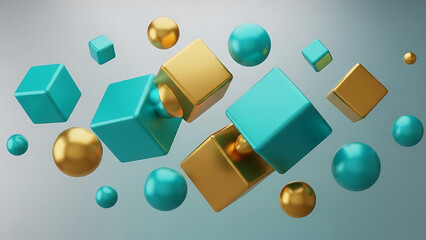 Floating 3d shapes in turquoise and gold