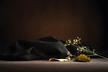 Dark luxury still life background black textured fabric dramatic contrast elegant floral foreground display