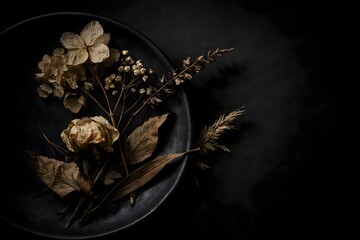 Autumnal still life with dried flowers and leaves in dark ceramic bowl moody atmosphere