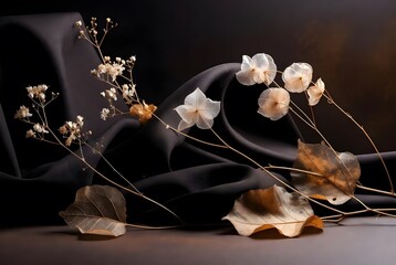 Delicate dried flowers and translucent petals rest upon draped black fabric background