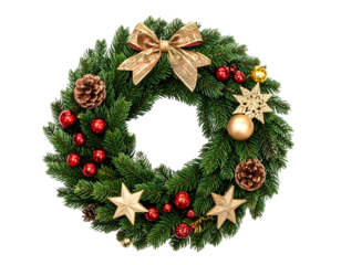 Evergreen wreath with golden bow, ornaments, pinecones, stars