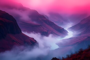 Mystical Mountain Valley with Flowing River and Pink Fog &ndash; Dreamy Fantasy Landscape Background for Wellness and Branding