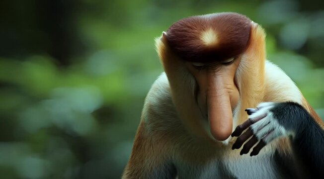Close-up Portrait of a Male Proboscis Monkey with Its Distinctive Long Nose in a Lush Green Rainforest Setting