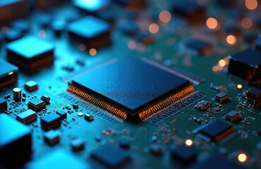 Closeup view of computer circuit board with microchips. Electronic components with intricate connections light up with blue and orange hues. Microprocessors on a green motherboard.