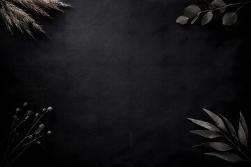Minimalist frame of various dried leaves and pampas grass on dark slate stone background