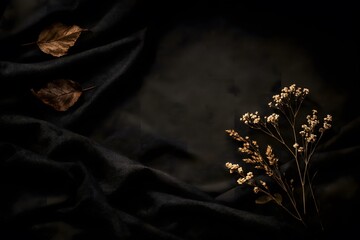 Small white dried flowers and brown autumn leaves on draped dark textured fabric surface
