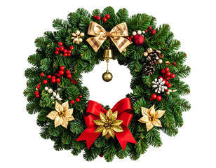Festive evergreen wreath with red bows, gold accents, and berries