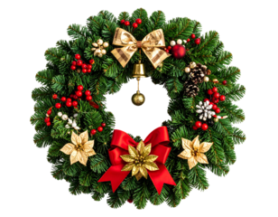 Festive evergreen wreath with red bows, gold accents, and berries