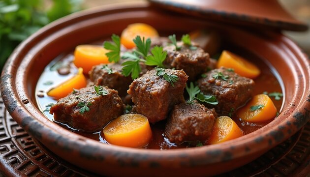 Moroccan lamb stew served in traditional tagine pot. Tender meat chunks with sweet apricot pieces and fresh parsley garnish, appetizing close-up shot. Delicious ethnic cuisine.